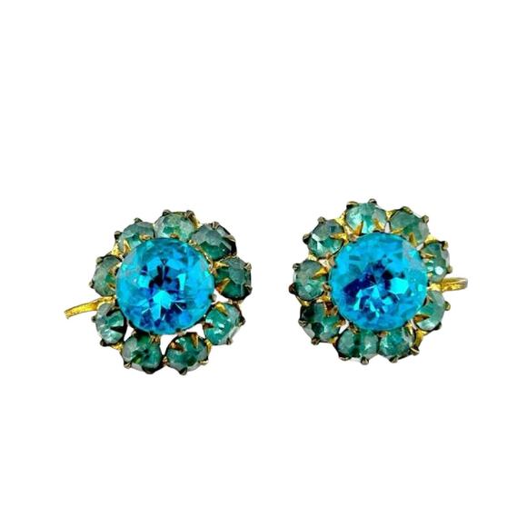 Vintage Czech Aqua Crystal Cluster Screw Back Earrings 1940s